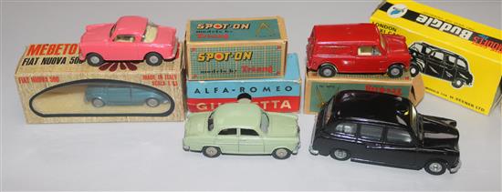 A Tri-ang Spot-On Morris Mini Van No. 210, a Goggomobil Super No. 131 and three other boxed vehicles,